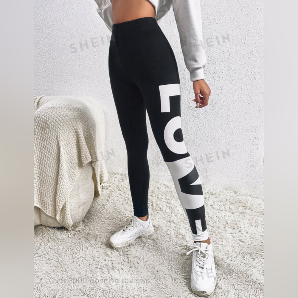BNWOT SHEIN BLACK AND WHITE LOVE LEGGINGS